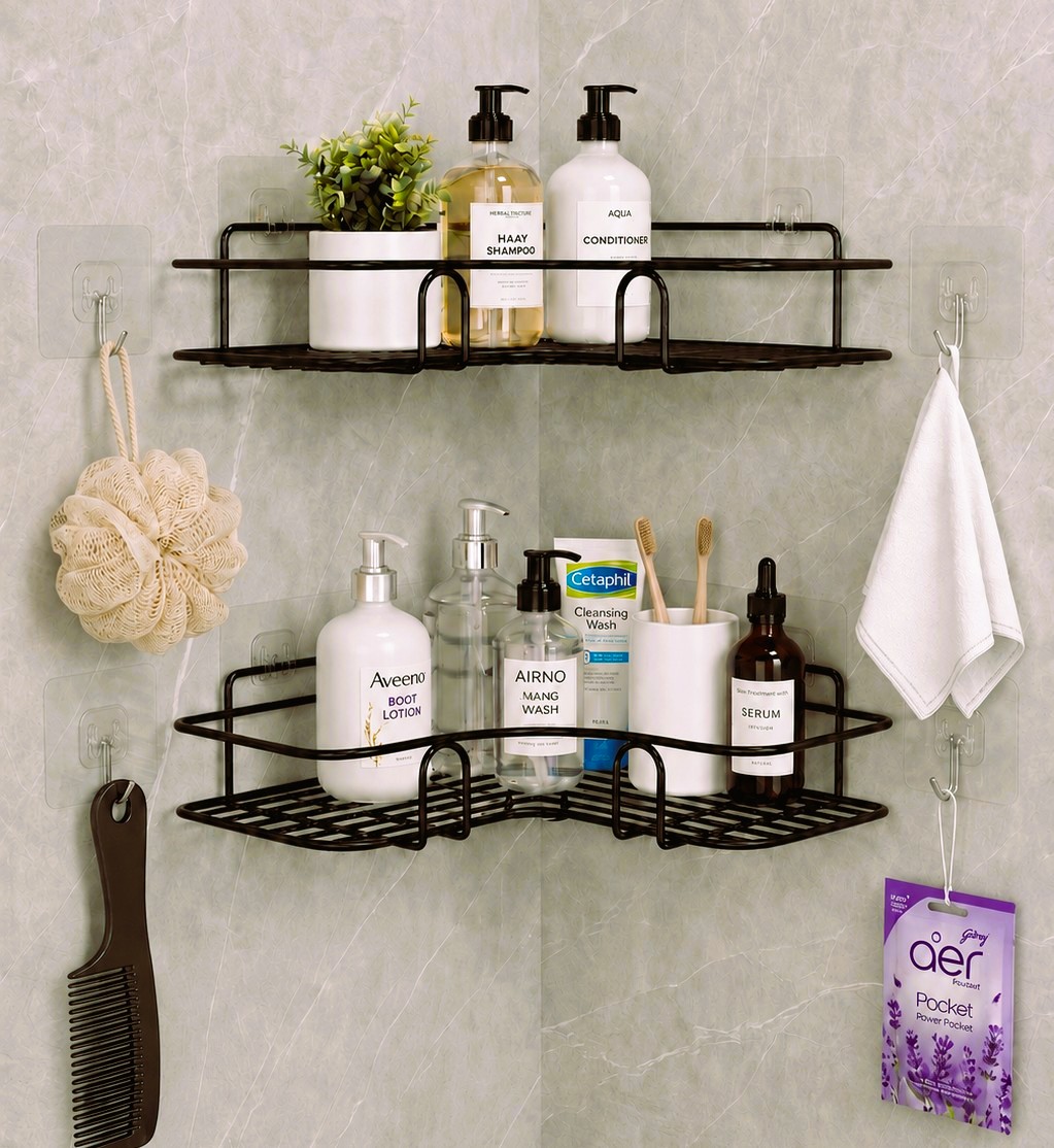 Homvior no-drill corner shelf mounted in a shower corner